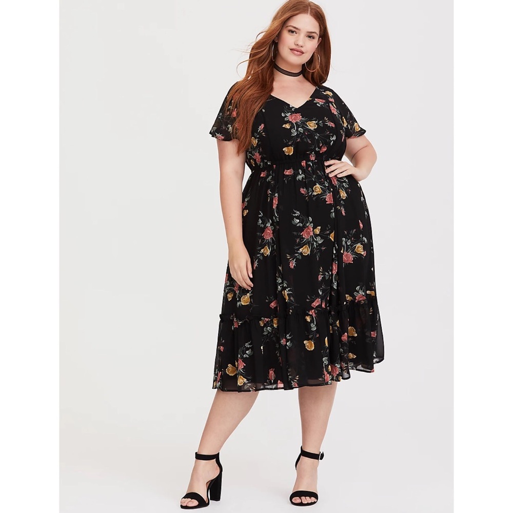Torrid Dress 1 Floral Midi Chiffon V-neck